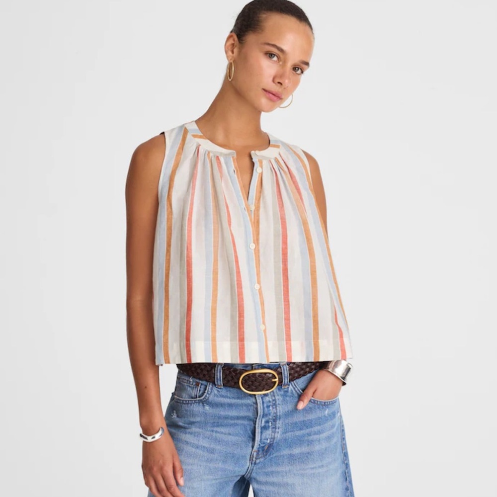 Madewell Striped Sleeveless Button-Front Tank Top in White, Orange, Blue, Tan